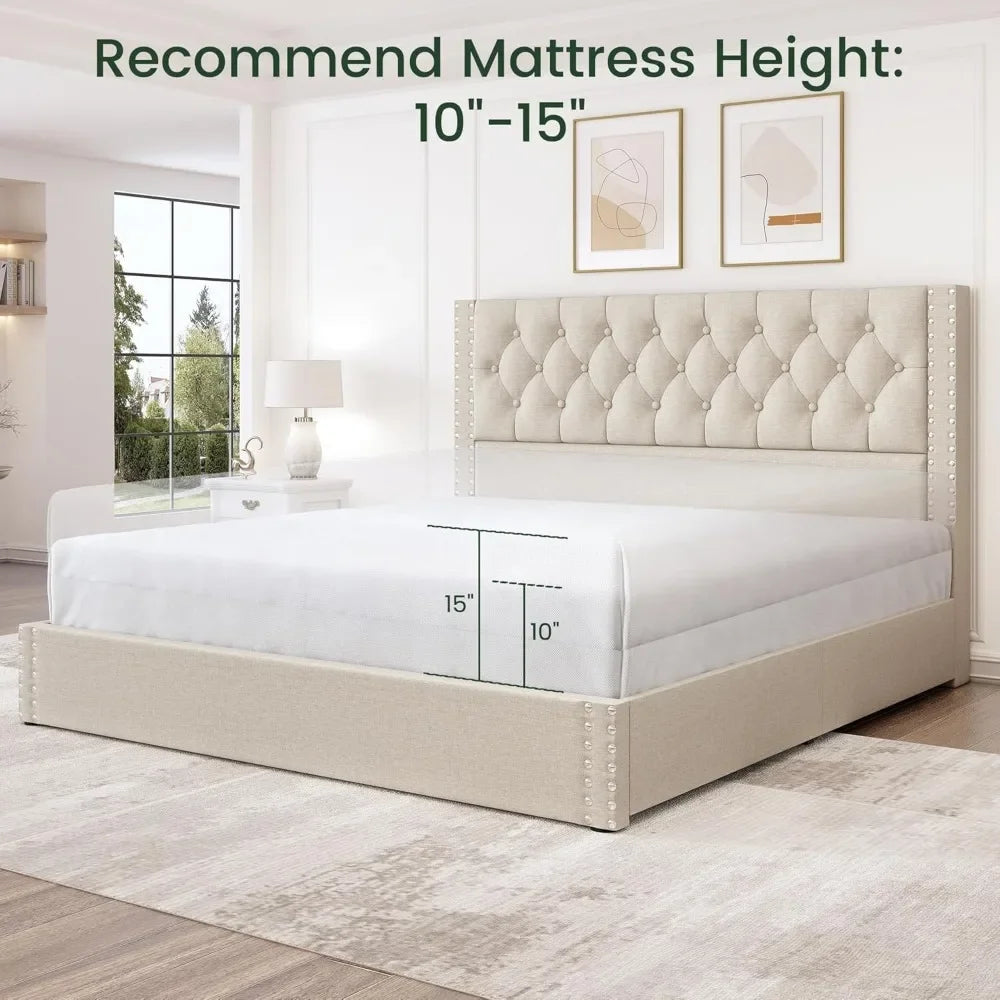 King Size Platform Bed Frame with 4 Storage Drawers and Headboard Linen Upholstered Bed Frame Tufted Beds - Ohberri