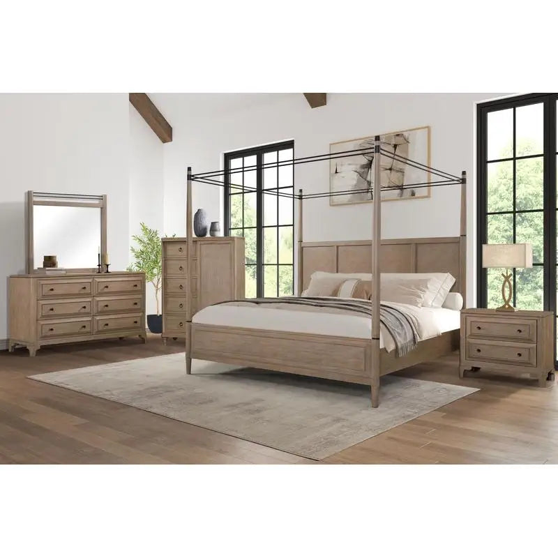 Queen Canopy Bed Set with 2-Drawer Nightstand, Modern Dresser with Poster Mirror, and Storage Chest - Ohberri