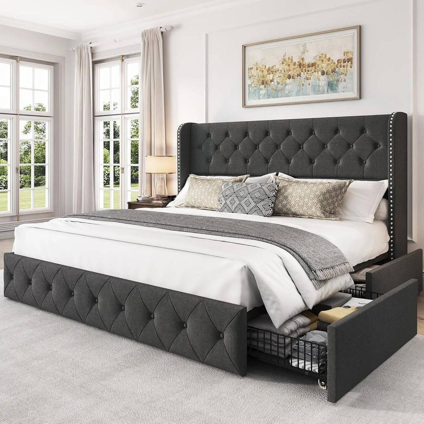 Bed Frame with 4 Storage Drawers and Tufted Headboard Velvet Upholstered Platform - Ohberri