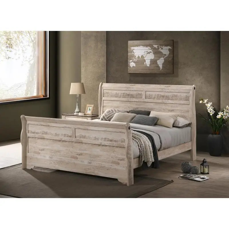 Contemporary White Wash Finish King Sleigh Bed Set with Dresser, Mirror, and 2 Nightstands - Ohberri