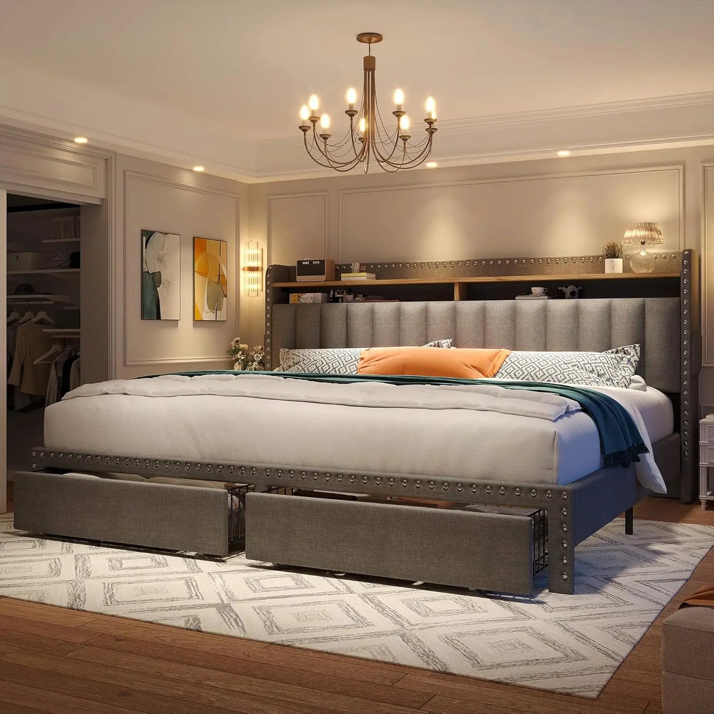 King Size Bed Frame with Storage and Headboard Upholstered King Bed Frame - Ohberri