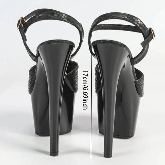 Black Waterproof Stiletto High Heels 6.69inch Platform Stone Pattern Ohberri