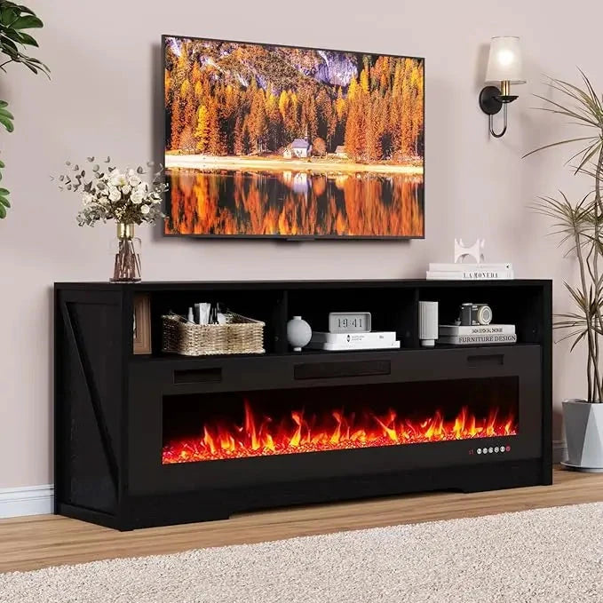 65''Fireplace TV Stand with 60" Fireplace with Open Storage Shelve Ohberri