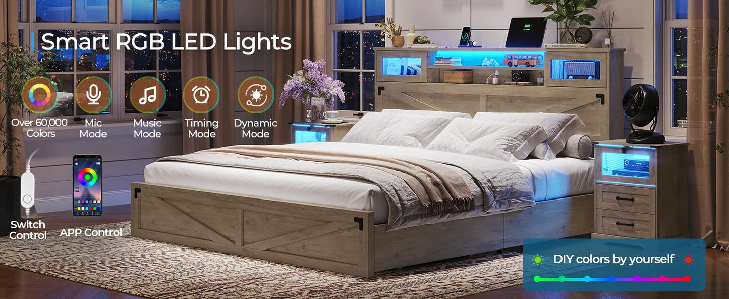 Farmhouse Bed Frame with Bookcase Headboard and 2 Drawers, Wooden Platform , Rustic Brown Ohberri