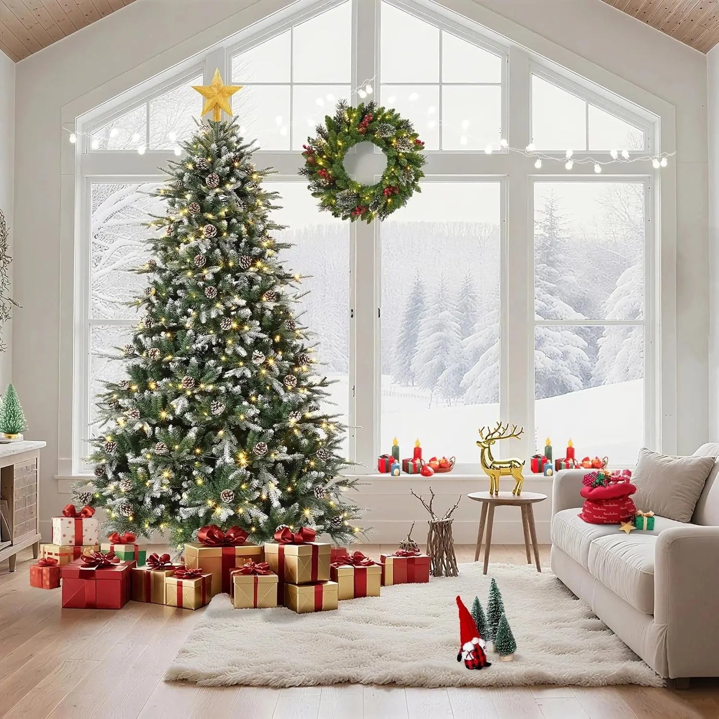 6Ft/7.5Ft/9Ft Pre-Lit Snow Flocked Christmas Tree 8-Modes LED Lights Prelit Artificial Tree With Fake Pine Cones Ohberri