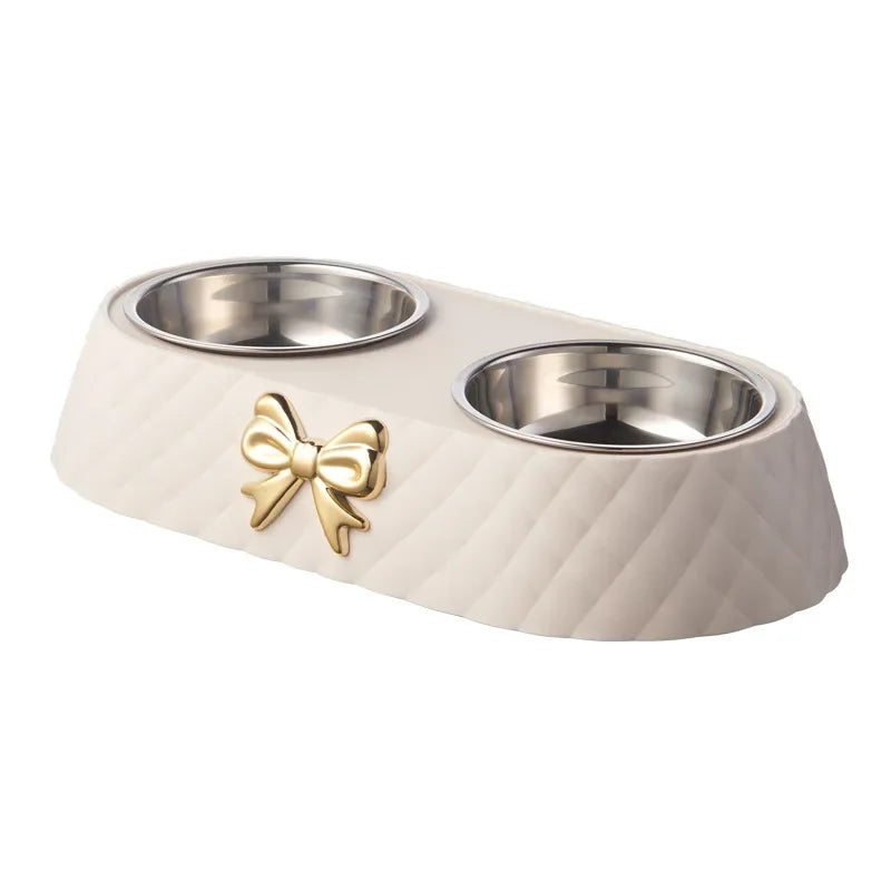 1PC Pet Pet Dog and Cat Food Bowls Bowtie Dog Food Drinking Double Bowl Pet Supplies Ohberri