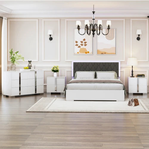 4-Pieces Bedroom Sets Queen Size Upholstered Bed with LED Lights, Mirrored Nightstands and Dresser with Metal Handles and Legs - Ohberri