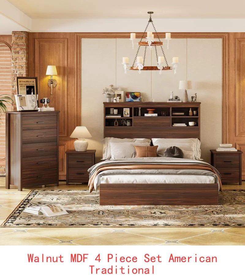 4-Piece Bedroom Set, Queen Size Bed Frame with Storage Headboard & Charging Station, 2 Nightstands with 2 Drawers - Ohberri