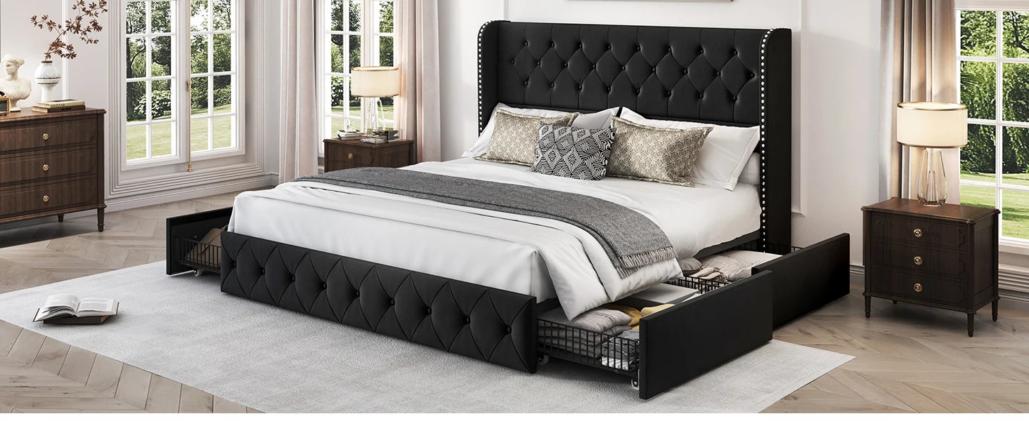 Bed Frame with 4 Storage Drawers and Tufted Headboard Velvet Upholstered Platform - Ohberri