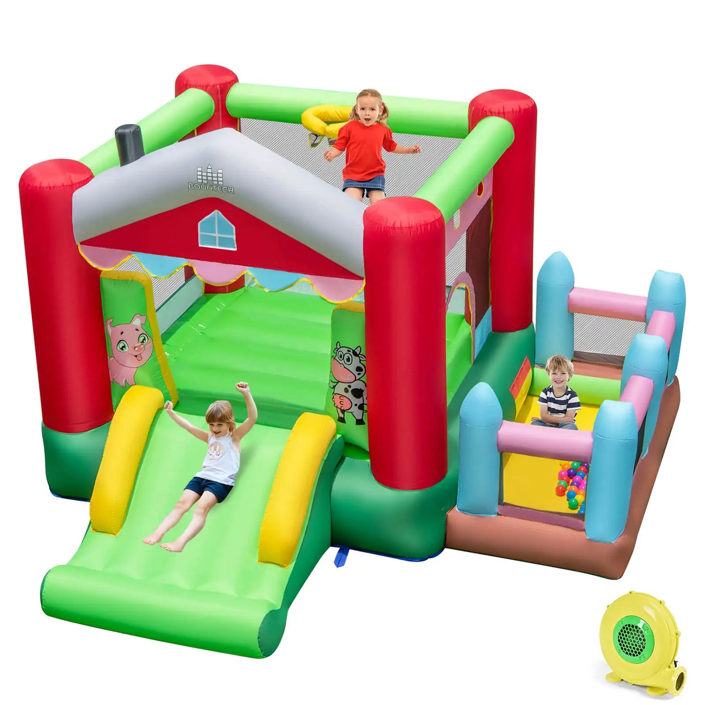 4-in-1 Farm Themed Inflatable Bounce House with Slide Ball Pit & Basketball Hoop - Ohberri