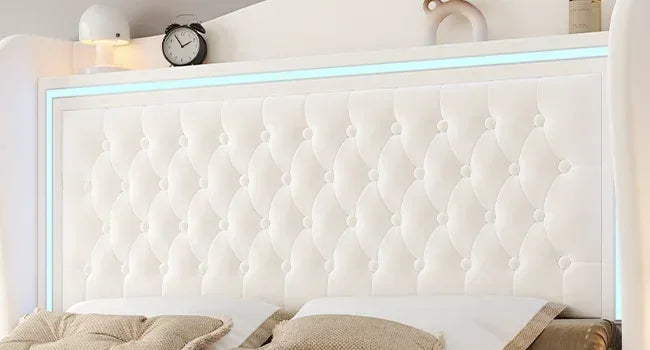 55" Tall Headboard LED, Tufted Velvet Upholstery, 2 Storage Drawers, Wood Slats- Beige - Ohberri