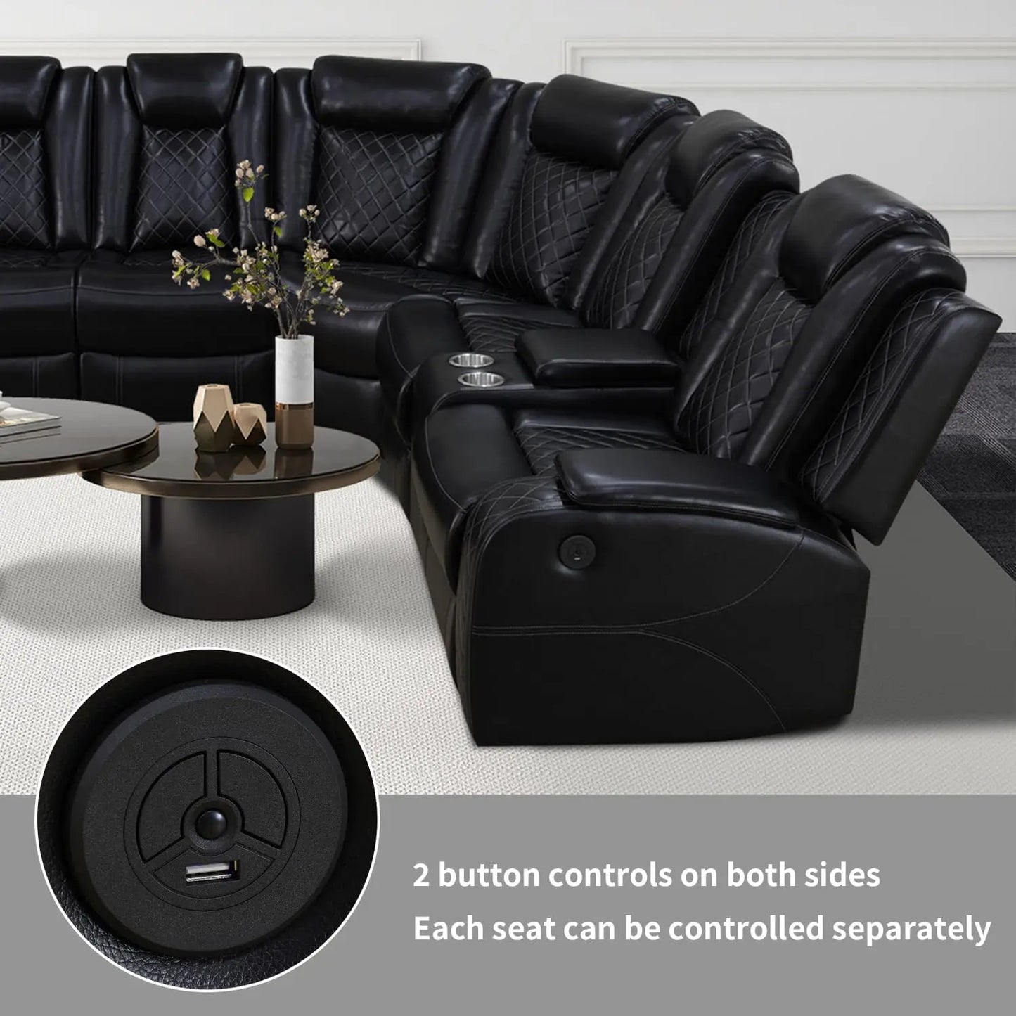 Recliner Leather Sofa Sectional Couch with LED Light with Storage - Ohberri