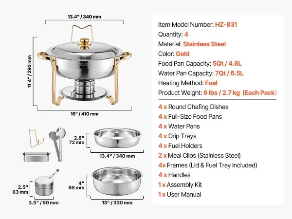 4 Pack Chafing Dish Buffet Set Stainless Steel Chafer w/4 Full Size Pan Round Catering Warmer Ohberri