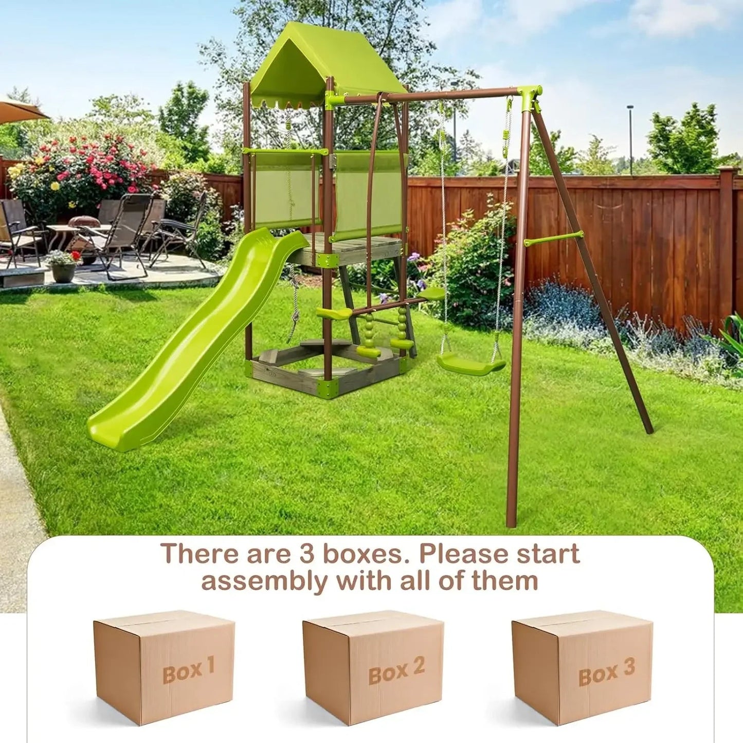 Swing Sets for Backyard, 7-in-1 Heavy Duty Metal Swing Set Glider and Swing, Outdoor Playset for Playground, Gift for Kids Ohberri