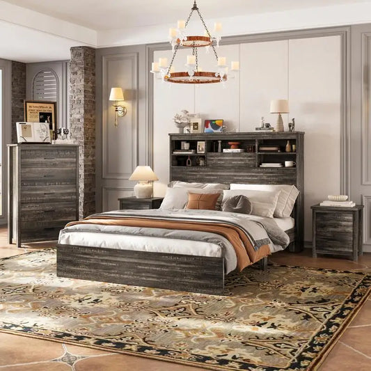4-Piece Bedroom Set, Queen Bed Frame with Storage Headboard and Charging Station, 2 Nightstands with 2 Drawers, 1 Dresser - Ohberri