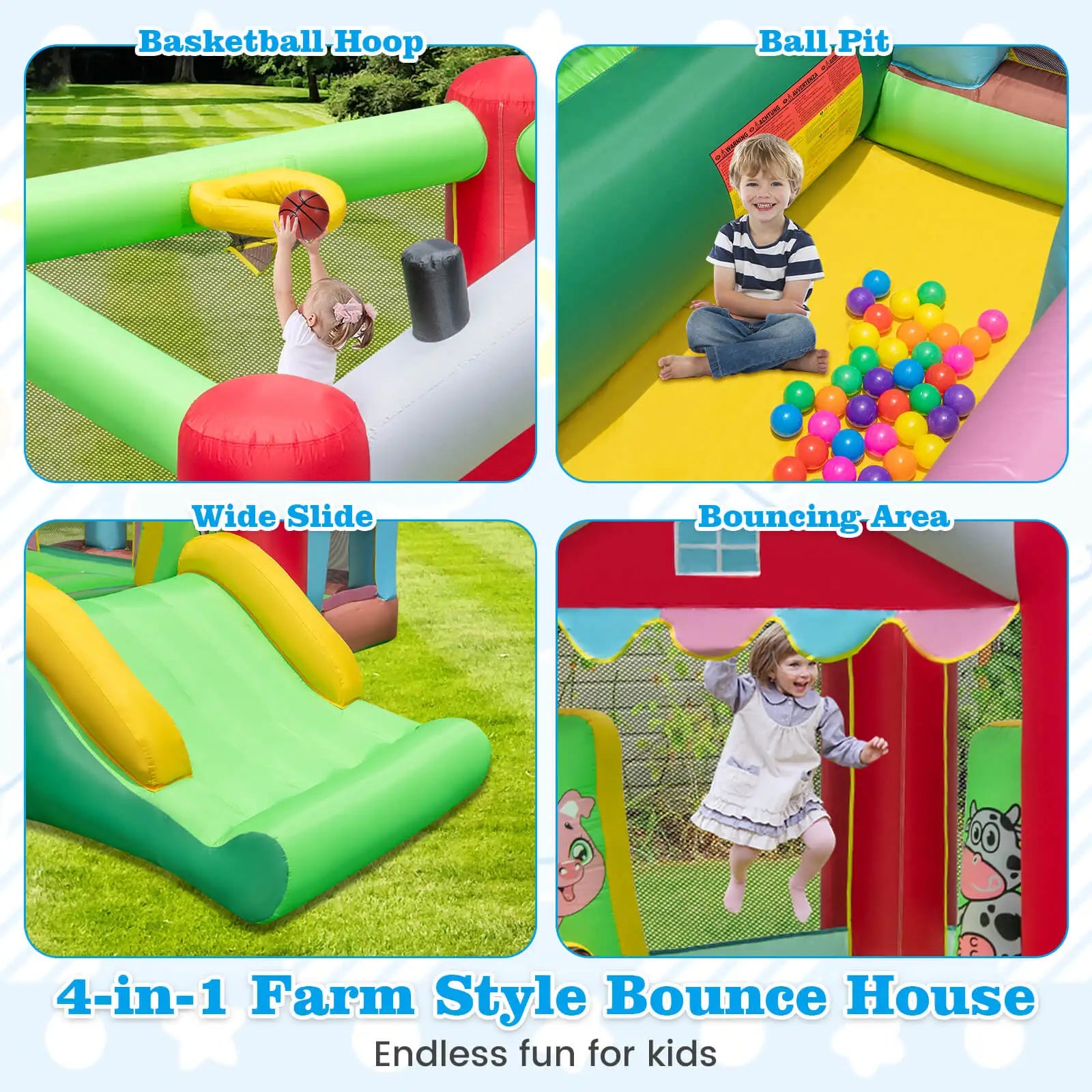 4-in-1 Farm Themed Inflatable Bounce House with Slide Ball Pit & Basketball Hoop - Ohberri