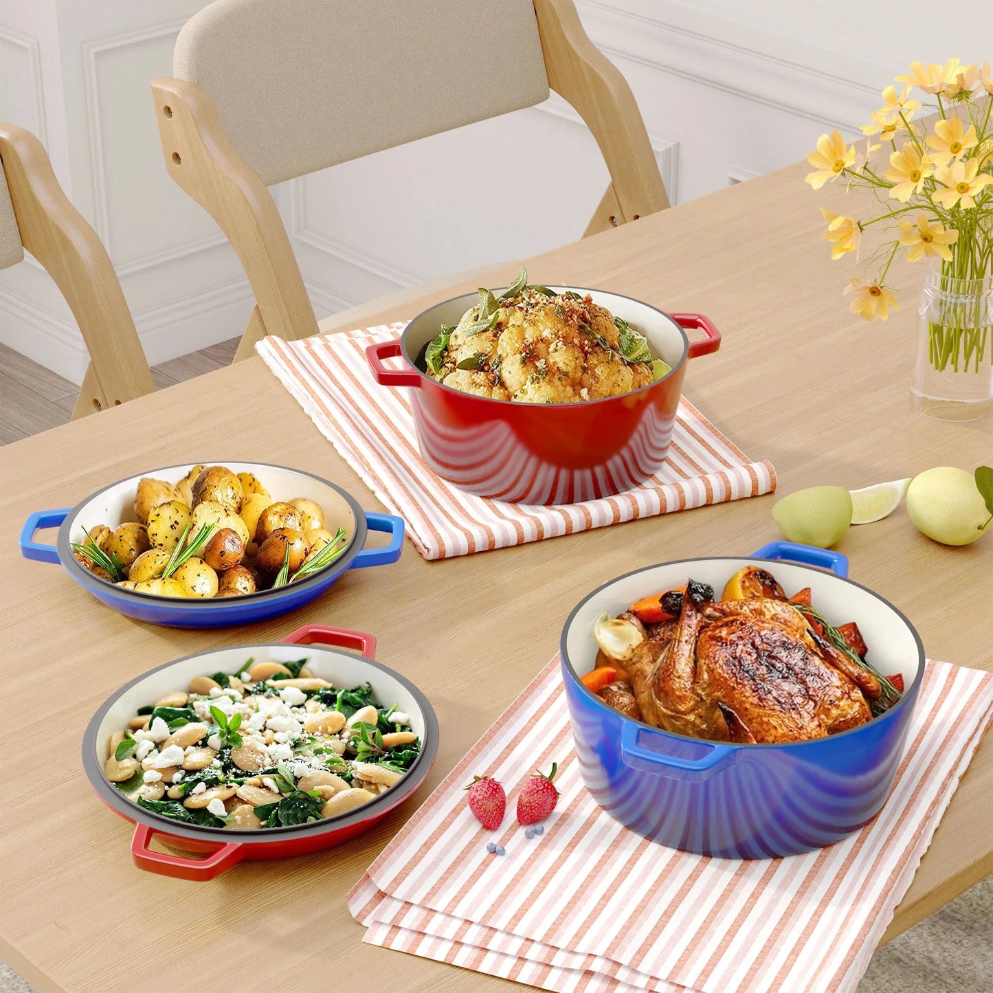 2-in-1 Enameled Cast Iron Dutch Oven Large Double Handle - Oven Safe up to 500°F Ohberri