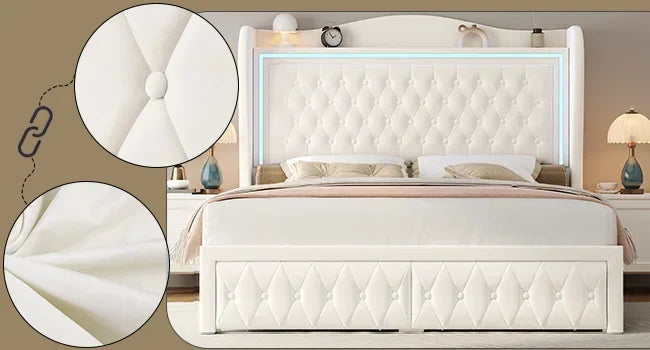 55" Tall Headboard LED, Tufted Velvet Upholstery, 2 Storage Drawers, Wood Slats- Beige - Ohberri