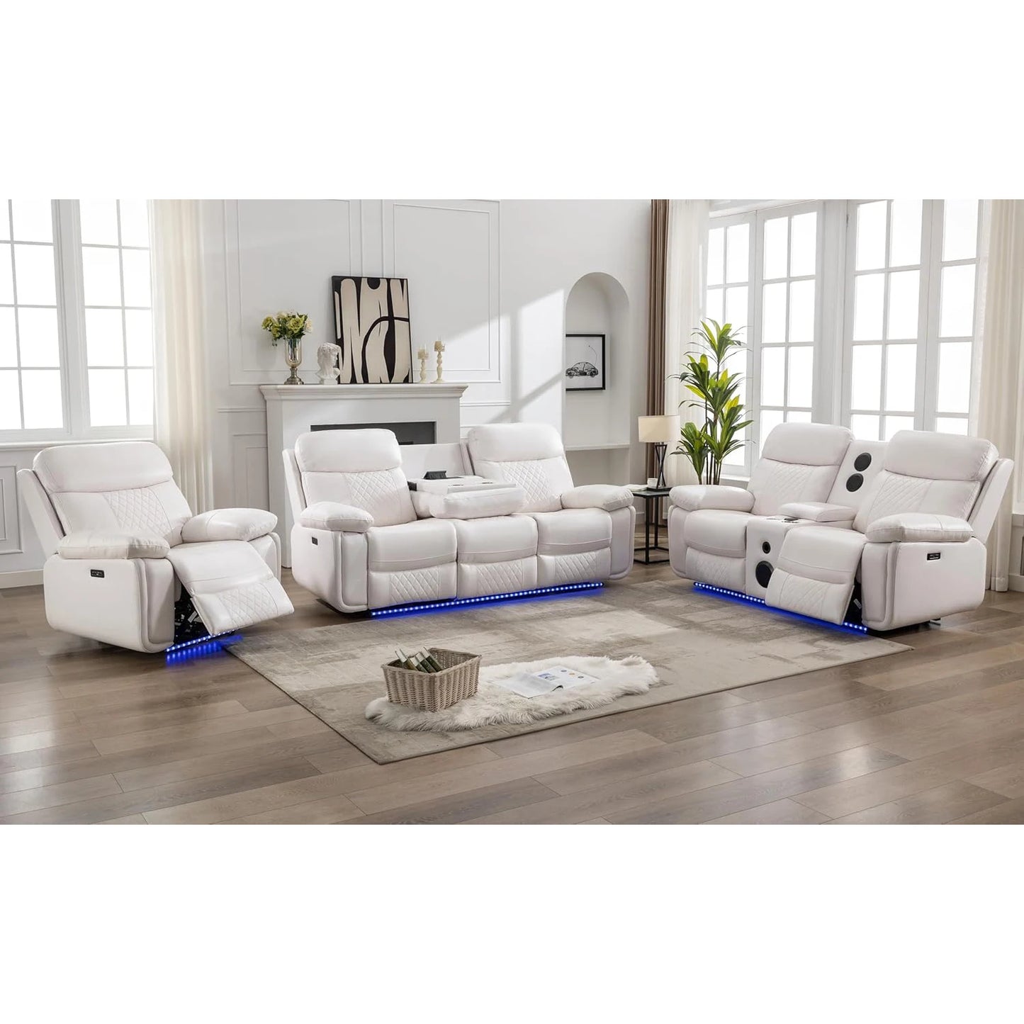 6-Seat Electric Power Recliner Sofa Set With Drop-Off Table, Wireless Charger & Type-C Port, Faux Leather Loveseat With Bass Speaker - Ohberri