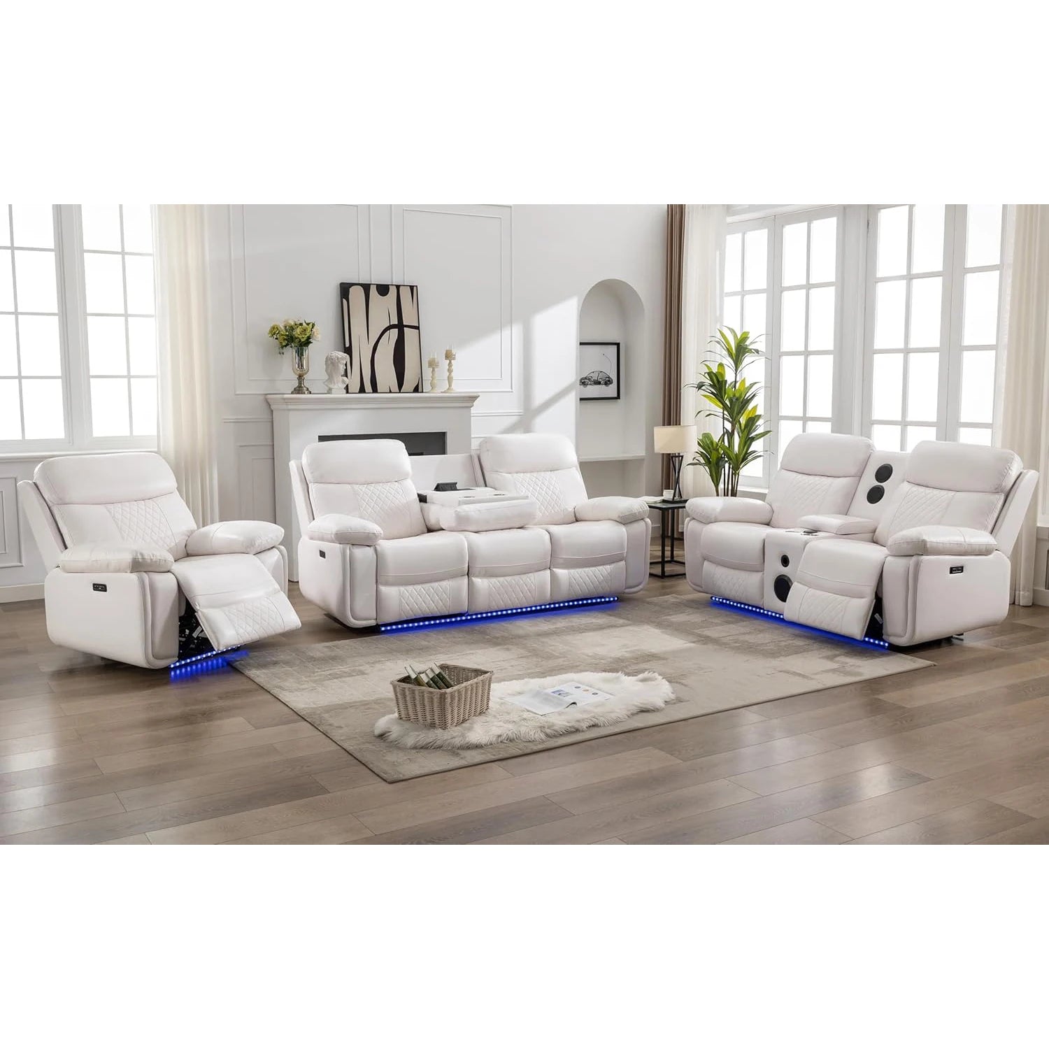 6-Seat Electric Power Recliner Sofa Set With Drop-Off Table, Wireless Charger & Type-C Port, Faux Leather Loveseat With Bass Speaker - Ohberri