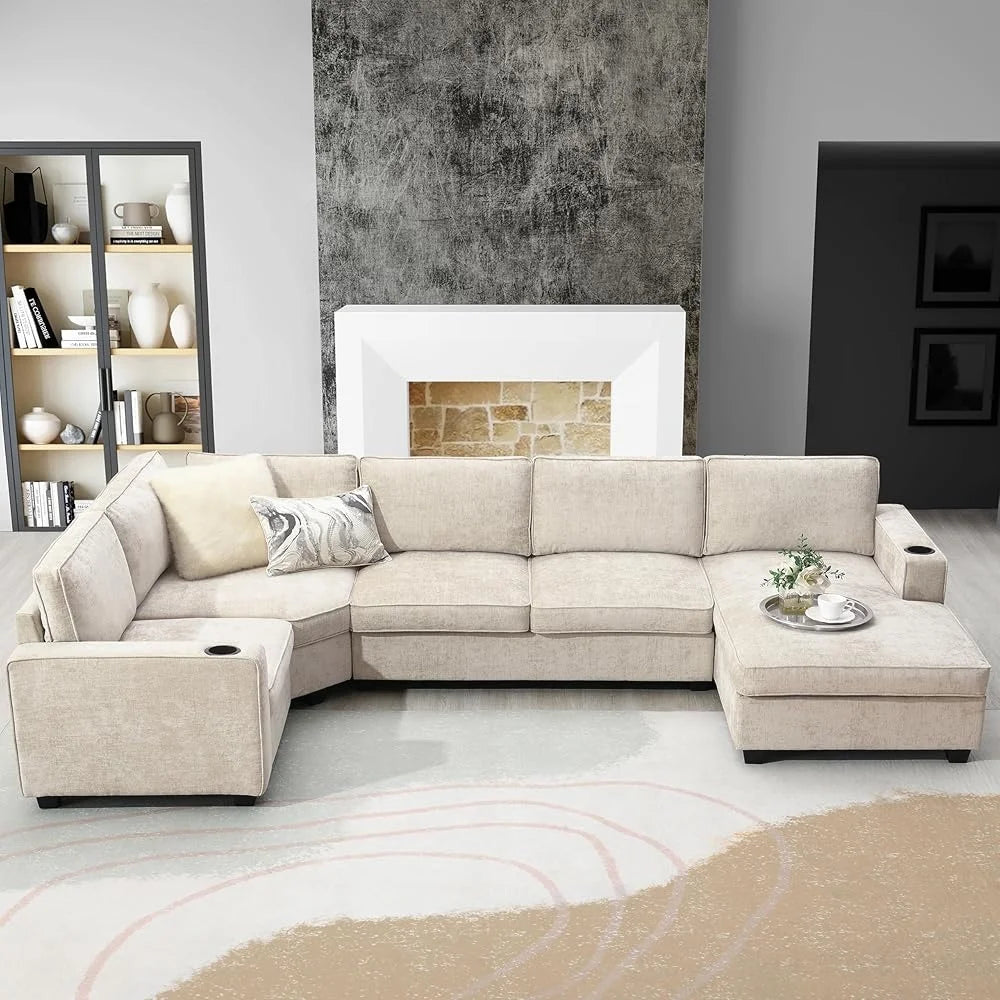 Modern U-Shaped Oversized Sectional Sofa with Cup Holders Chaise Lounge - Ohberri