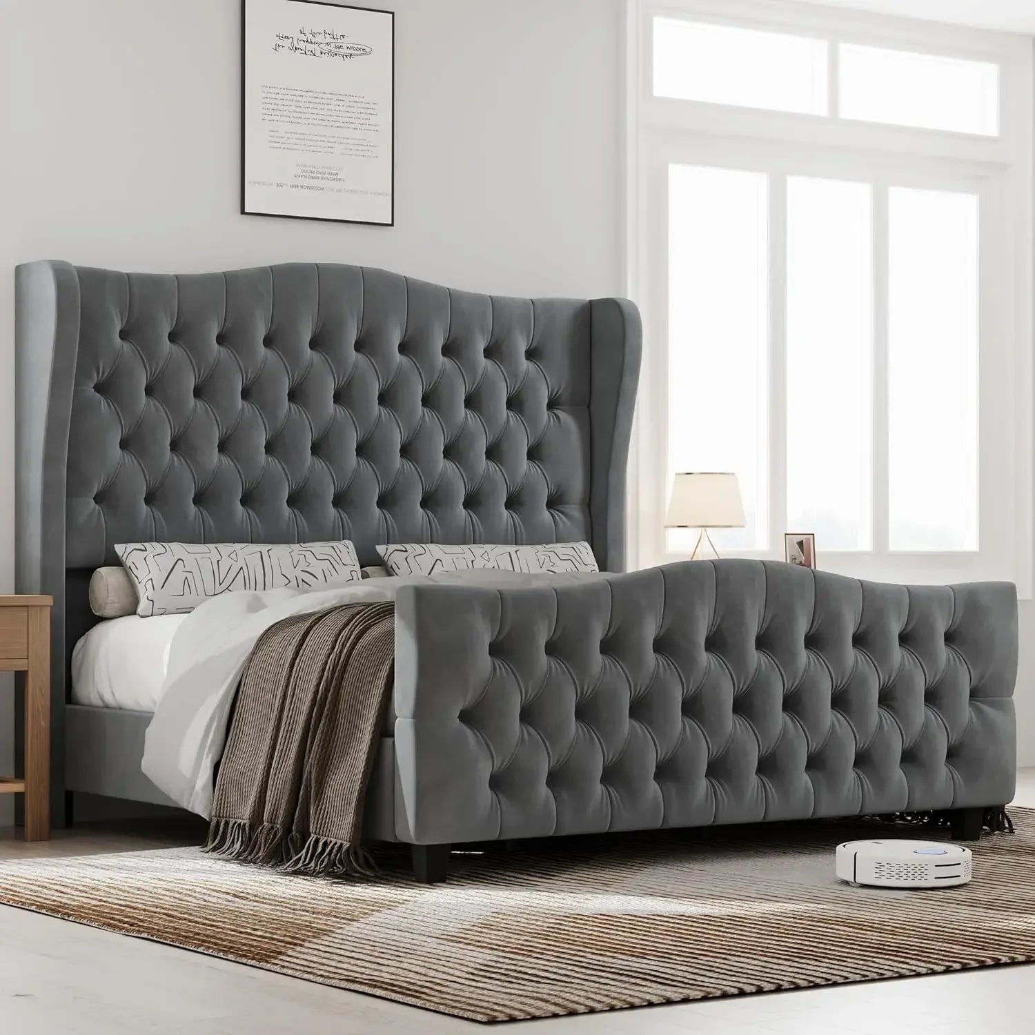 Velvet Upholstered Deep Button Tufted Wingback Headboard and Footboard - Ohberri