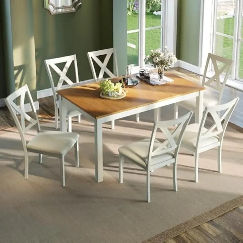 7-Piece Farmhouse Solid Wood Dining Table Set with 6 Upholstered Chairs, 60" Space Saving Dinner Table & Chairs Set - Ohberri