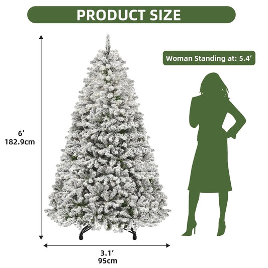 6ft Prelit Snow Flocked Artificial Full Christmas Tree with Remote Control Ohberri