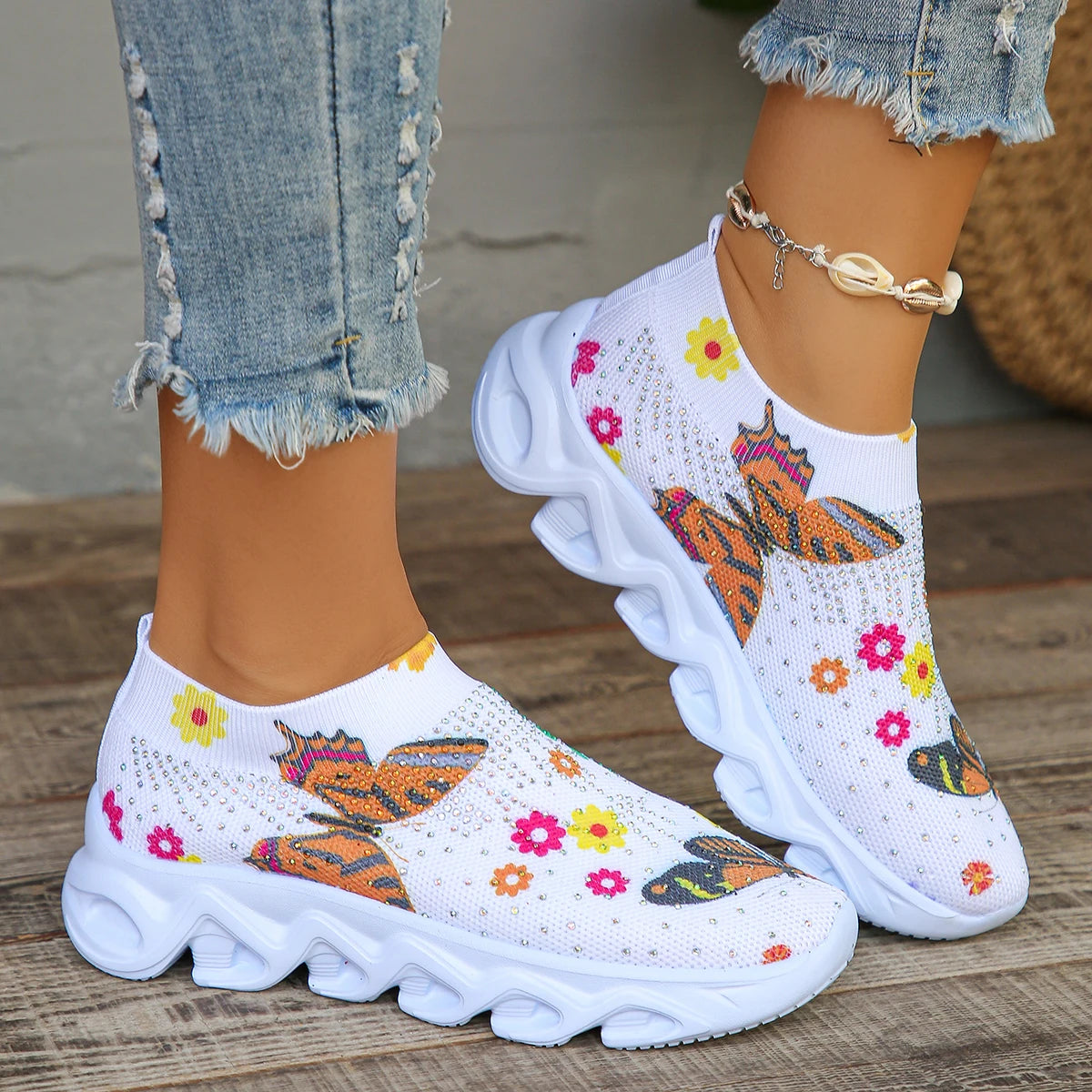 Crystal Floral Women's Knitted Breathable Mesh Sneakers Ohberri