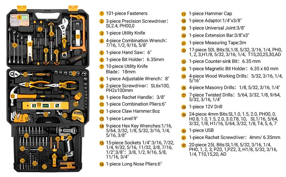 DEKO Mechanic Toolbox with 12V Power Cordless Drill Hand Repair Tools Sets Ohberri