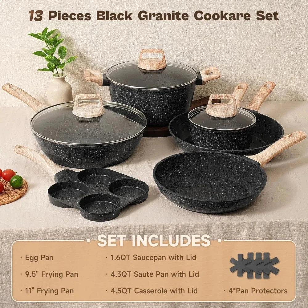 Pots and Pans Set, Nonstick Cookware Sets Black Granite Induction Ohberri