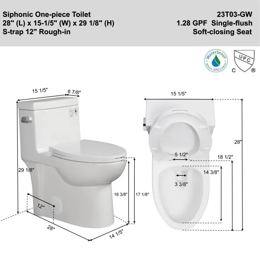 1.28 GPF Single-flush One Piece Toilet, Water-Saving Elongated Ohberri