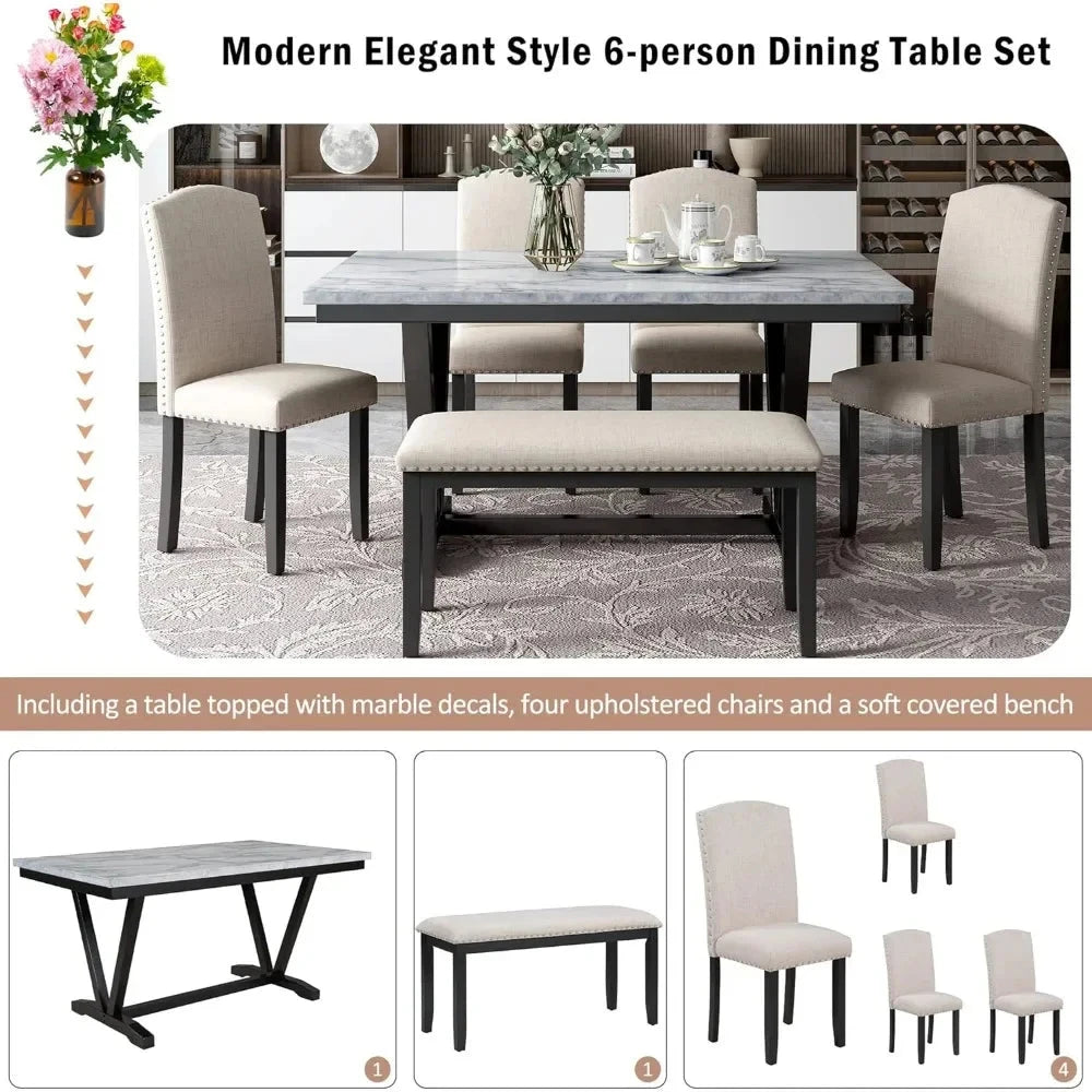 6 Pieces Dining Table Set with Bench, Rectangle Dining Table with 4 Upholstered Chairs & a Bench, Wood Ohberri