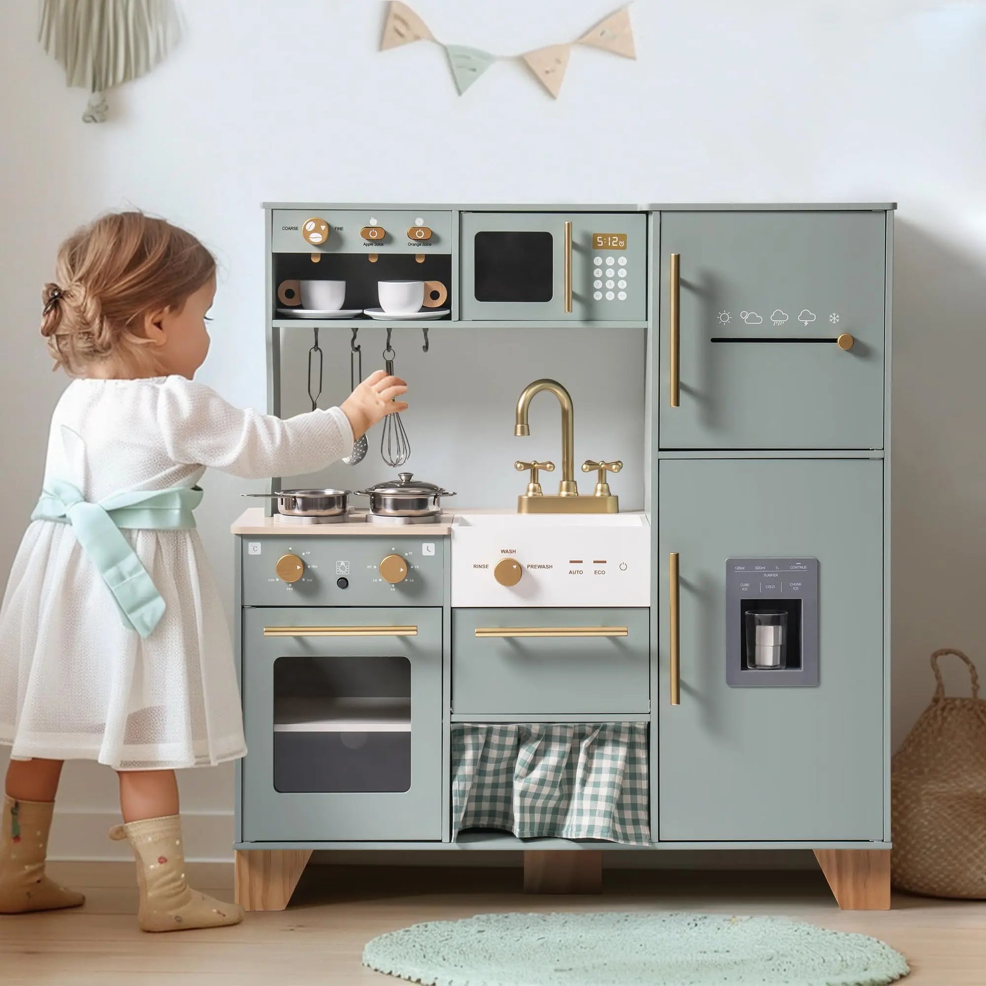 Play Kitchen 10 in 1 Wooden Toy With Appliances & Utensils - Ohberri