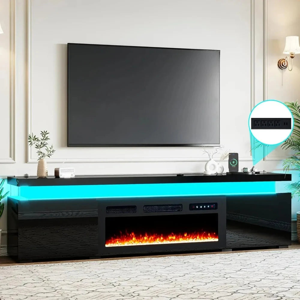 85’’ Fireplace TV Stand for 90 Inch TVs, Modern with LED Lights, High Gloss with 40’’ Electric Ohberri
