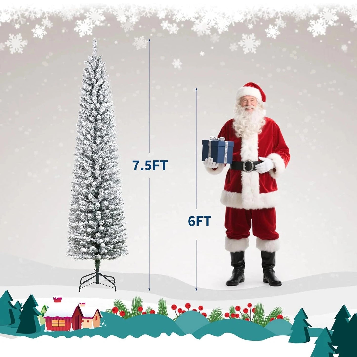 6FT/7.5FT/9FT Pre-lit Pencil Christmas Tree Artificial Xmas Tree With Light Ohberri