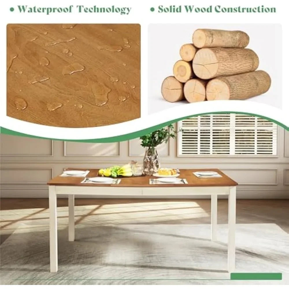 7-Piece Farmhouse Solid Wood Dining Table Set with 6 Upholstered Chairs, 60" Space Saving Dinner Table & Chairs Set - Ohberri