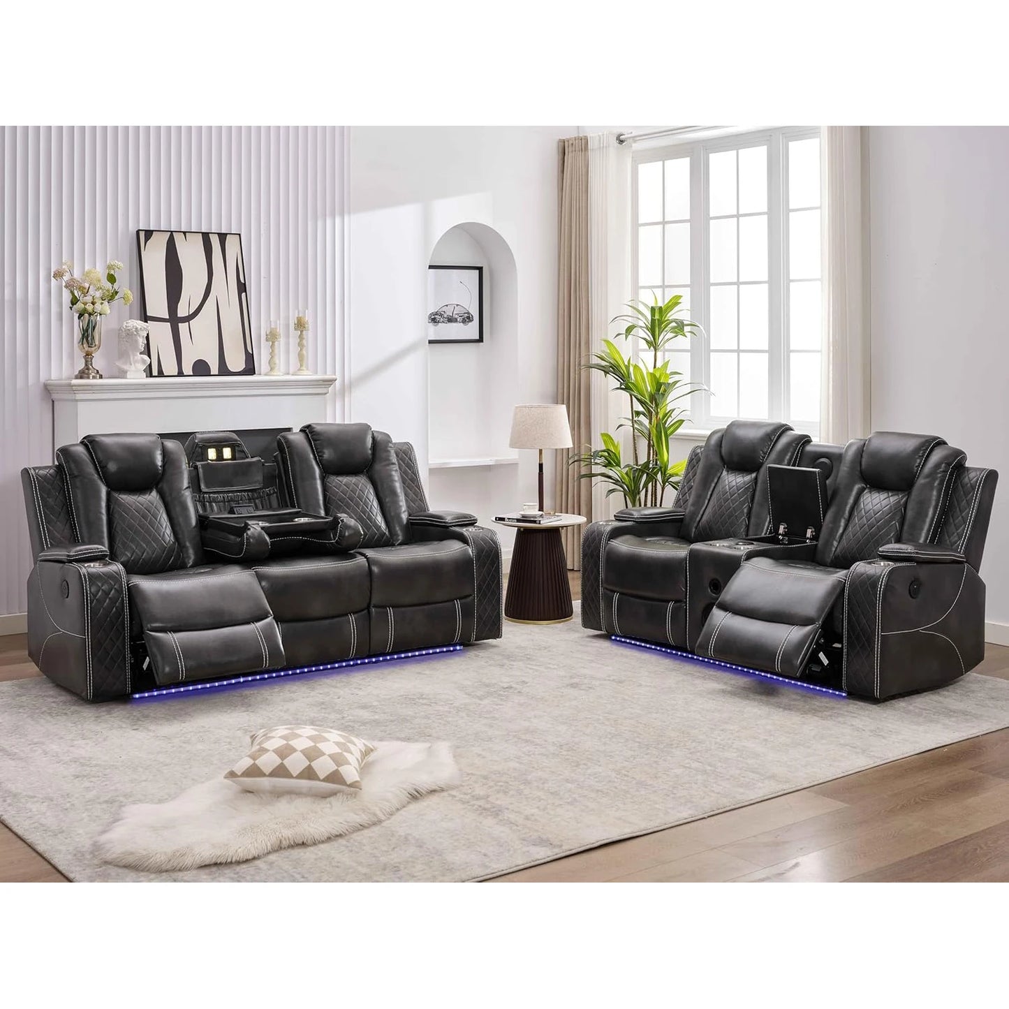 5 Seater Faux Leather Power Recliner Sofa Set with Drop-Off Table, Wireless Charger & Type-C, Loveseat with Bass Speaker - Ohberri