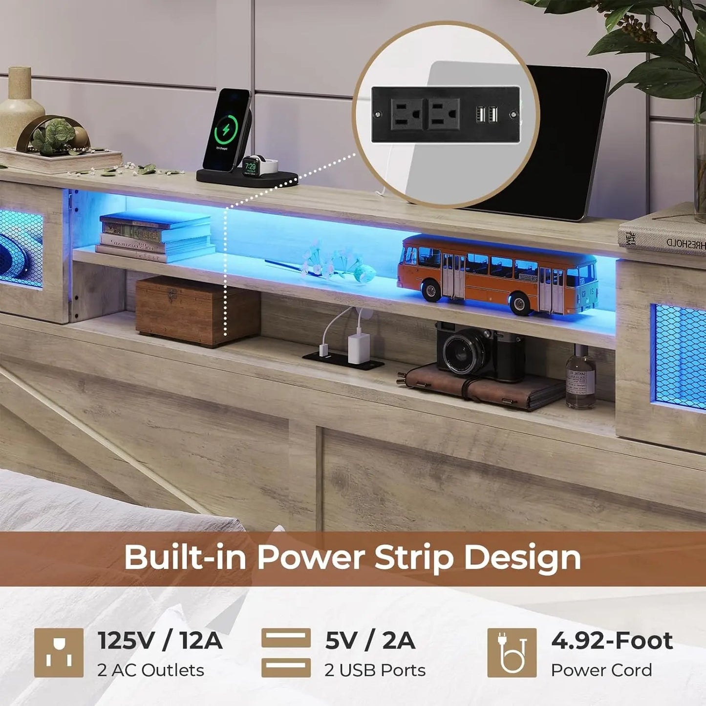 Farmhouse Bed Frame with Bookcase Headboard and 2 Drawers, Wooden Platform , Rustic Brown Ohberri