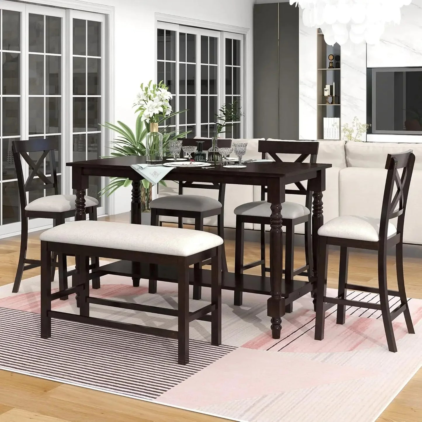 Farmhouse Dining Room Table Set with Storage Shelf Wooden 6 Piece Kitchen Table Set with Bench and Chairs - Ohberri