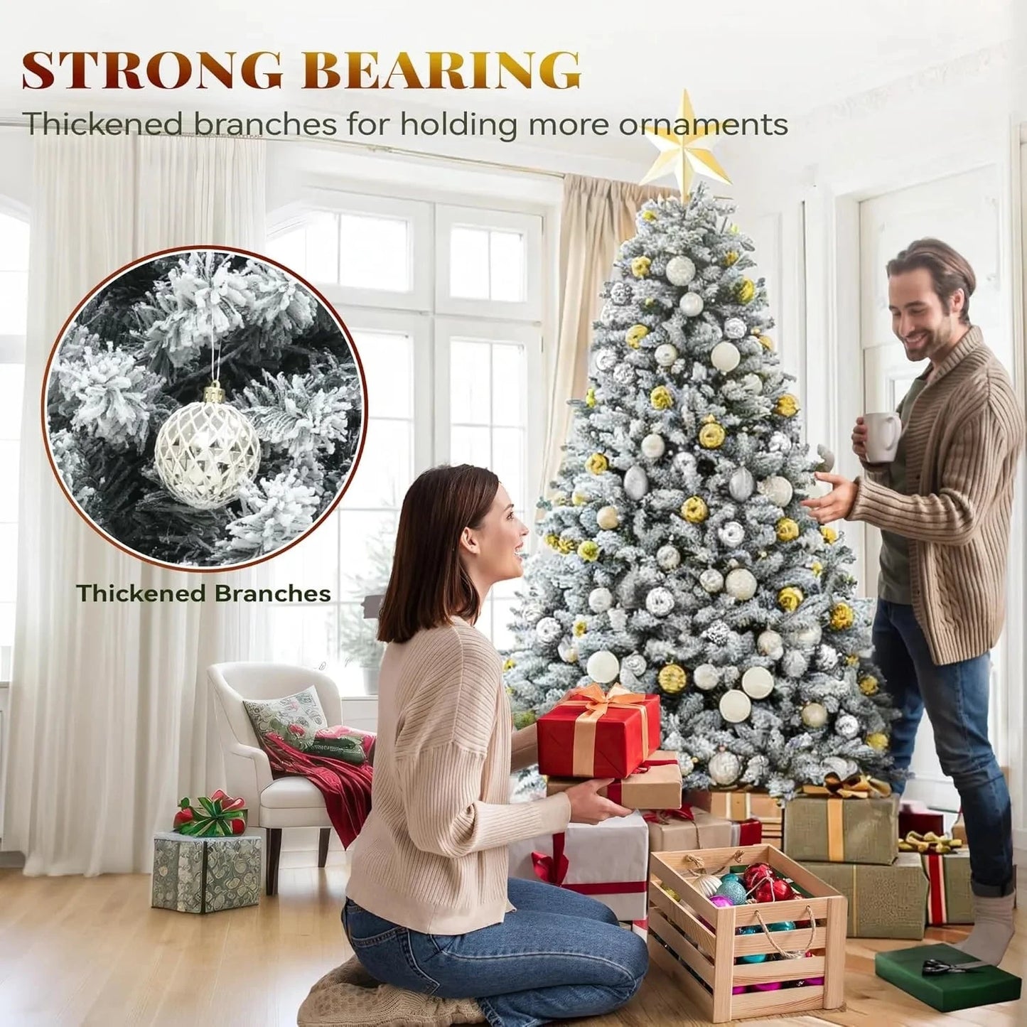 9ft Prelit Snow Flocked Christmas Tree with Remote Hinged Pine Christmas Tree Ohberri