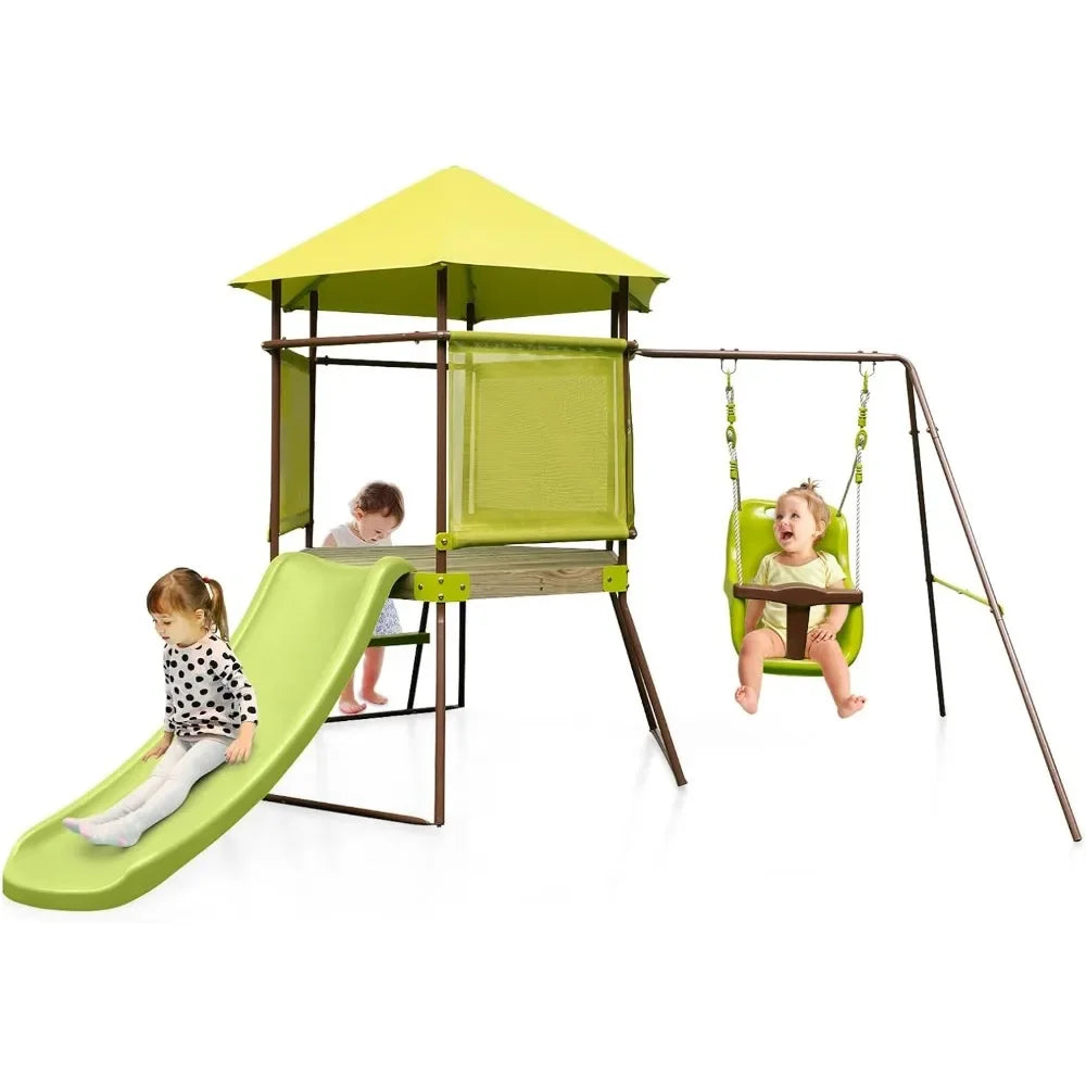 Swing Sets for Backyard, 7-in-1 Heavy Duty Metal Swing Set Glider and Swing, Outdoor Playset for Playground, Gift for Kids Ohberri