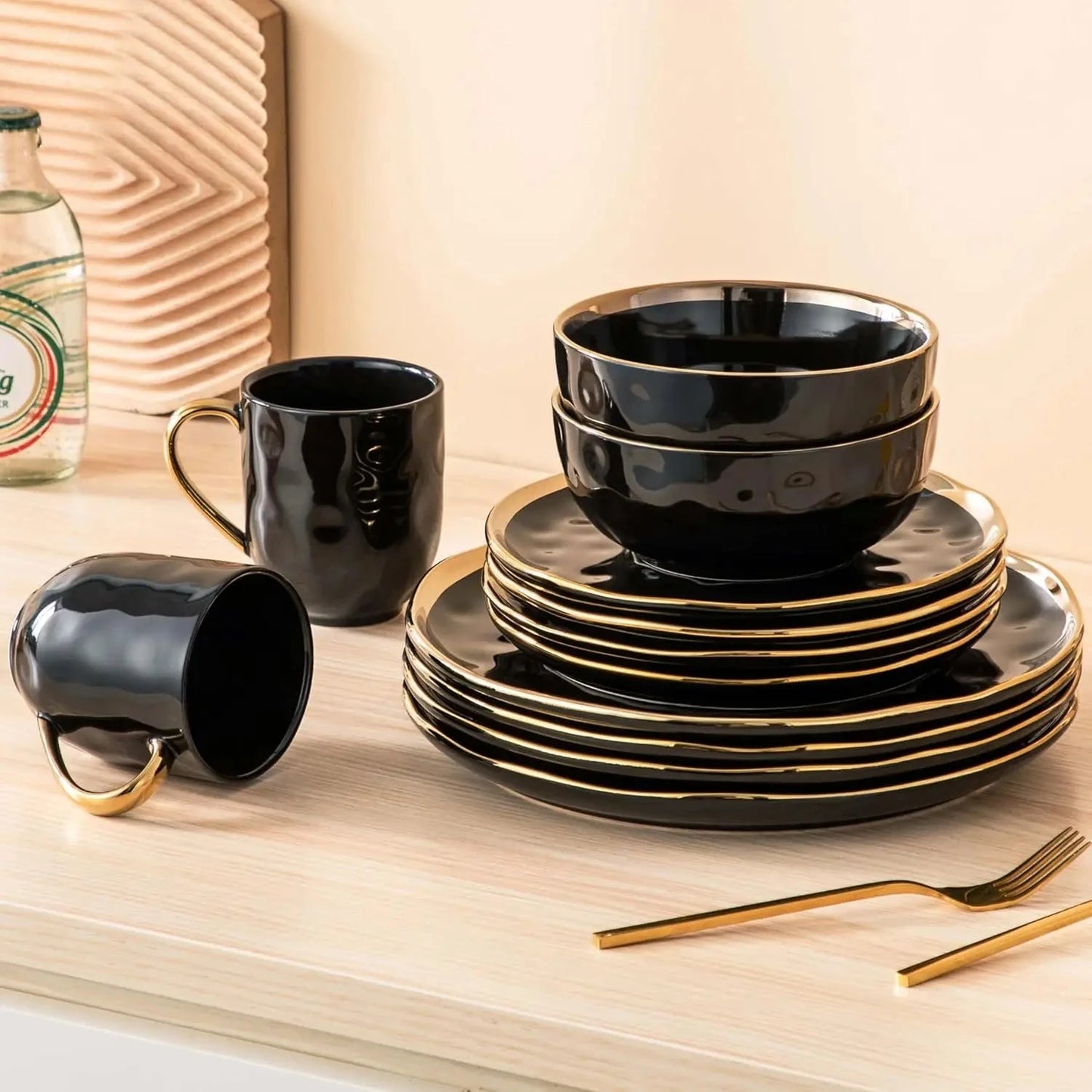 Black and Gold Dishes Sets, Stoneware Dinnerware Sets for 4, 16 Piece Plates and Bowls Sets Ohberri