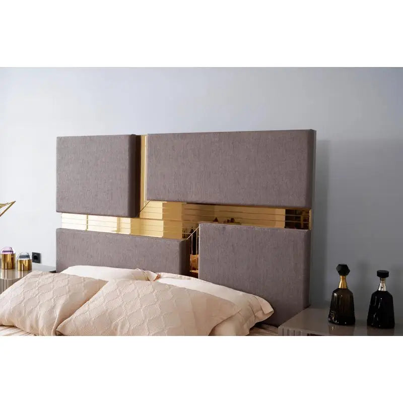5-Pc Tufted Upholstered Bedroom Set with Wood & Gold Accents in Gray - Ohberri