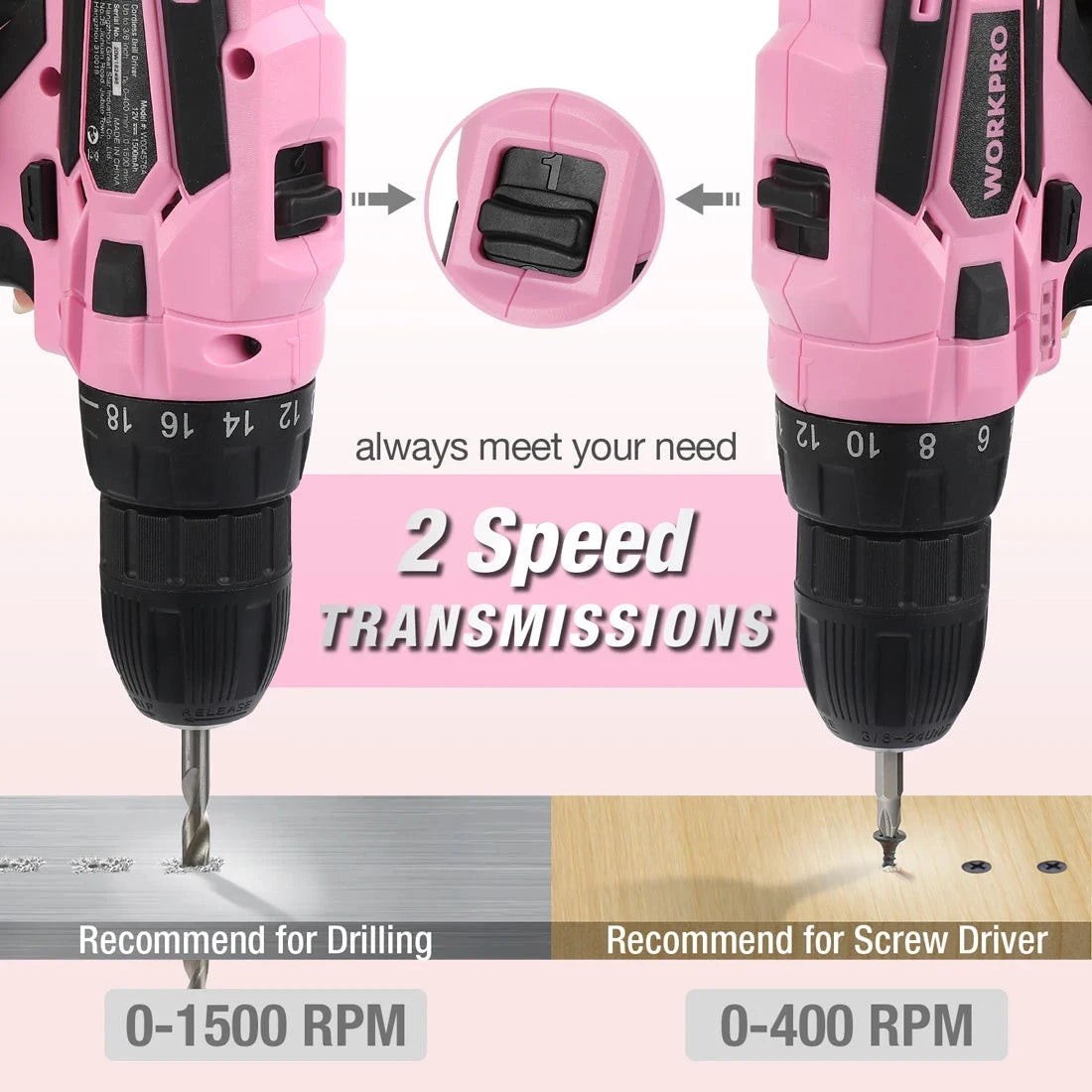 WORKPRO Pink Cordless Drill Driver Set, 12V Electric Screwdriver Driver Tool Kit, 3/8" Ohberri