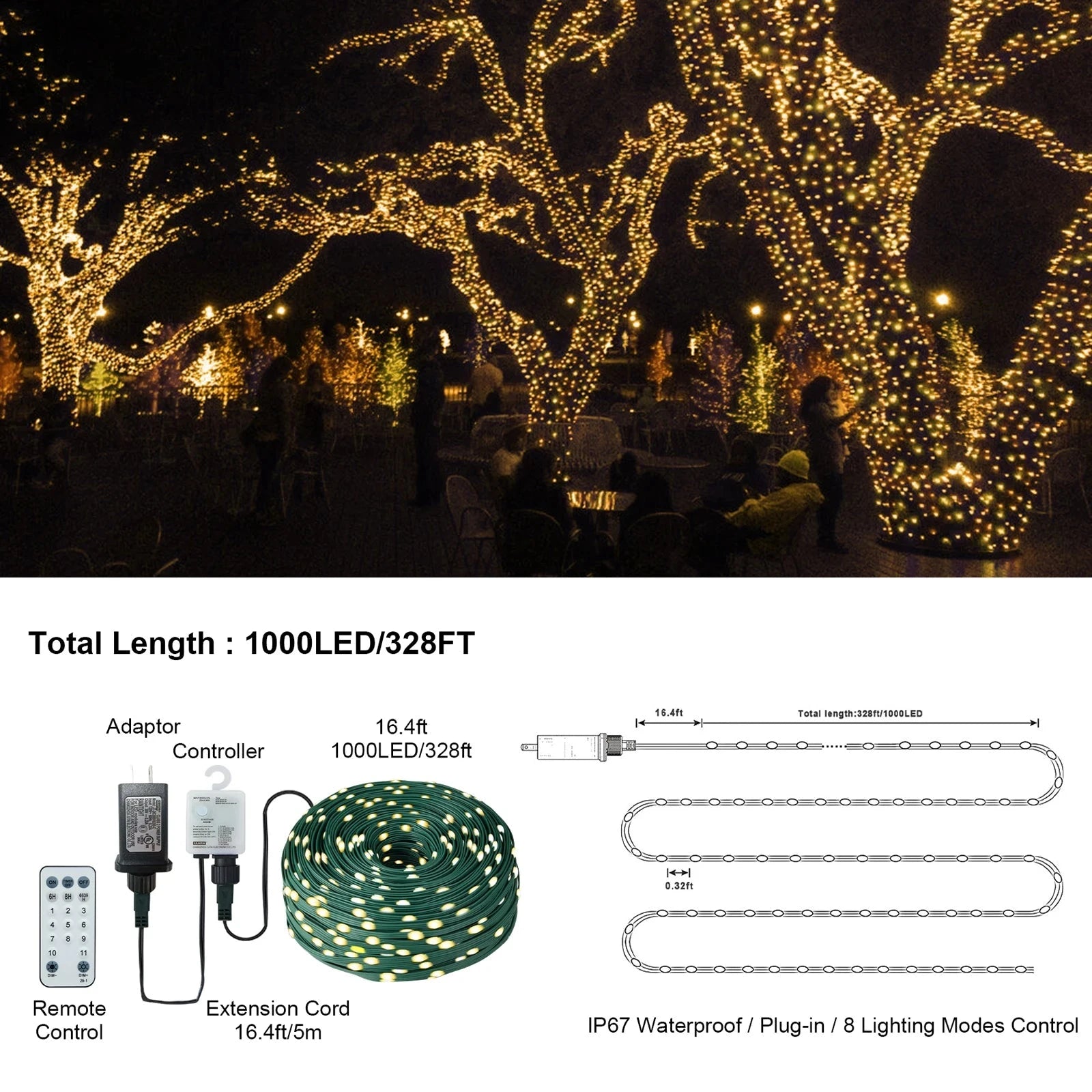 Rope Lights,1000LED/328Ft with 8 Modes/Remote/IP67 Waterproof/Timer/Memory Function Ohberri
