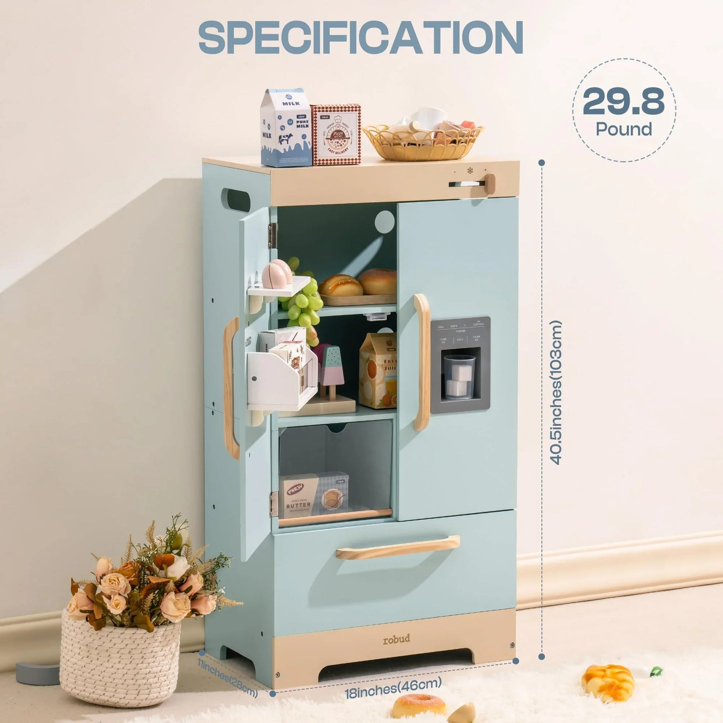 Play Kitchen Refrigerator with Ice Dispenser -Blue - Ohberri