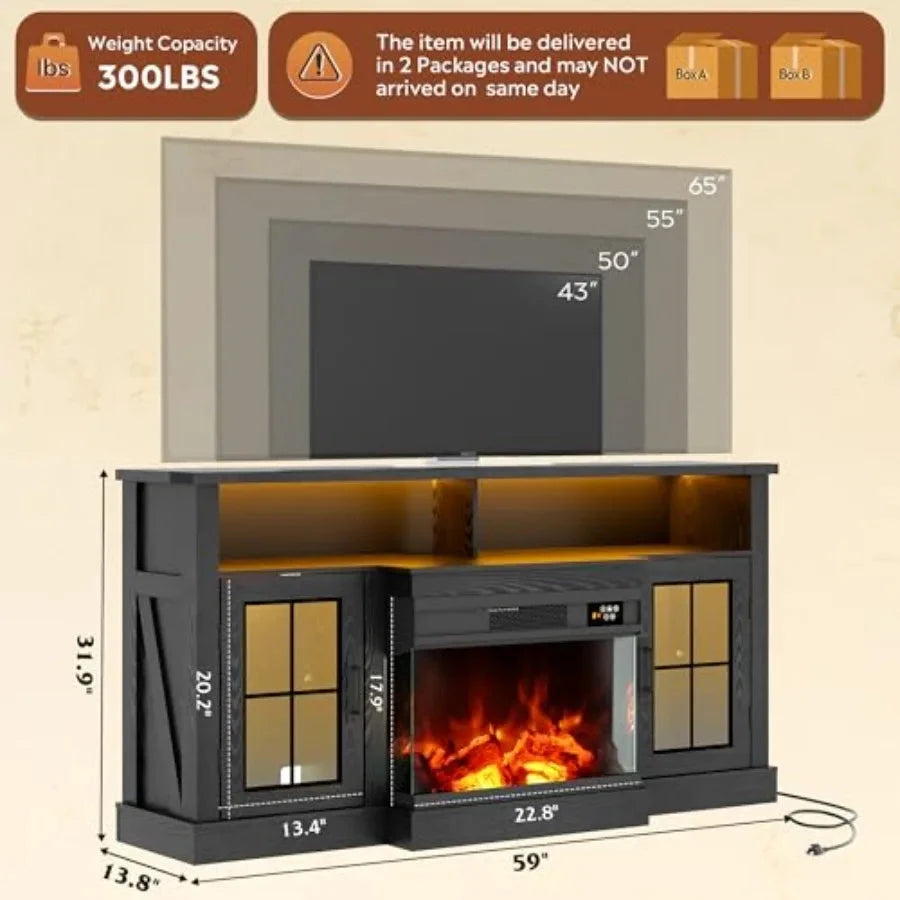 3Sided Glass Electric Fireplace TV Stand for 65 Inch TV with 14 Flame Colors LED Storage Cabinets Ohberri