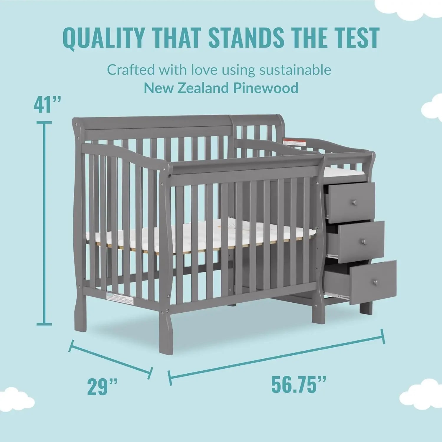 Convertible Crib with Storage Drawer, 3 Height Settings & Mattress Pad, Converts to Twin Bed - Ohberri