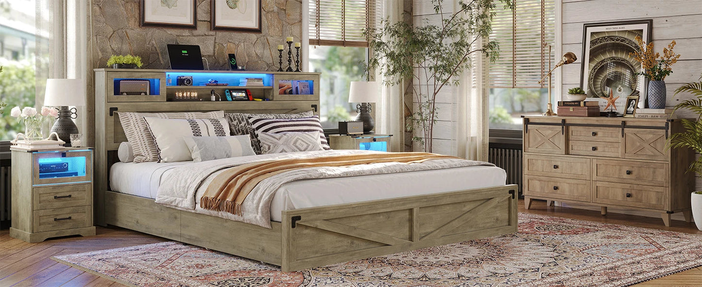 Farmhouse Bed Frame with Bookcase Headboard and 2 Drawers, Wooden Platform , Rustic Brown Ohberri